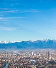 Turin, Italy - panoramic view with Alps and blue sky