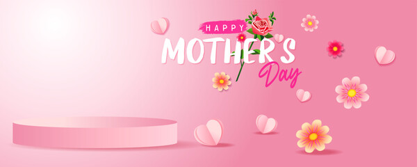 Happy Mothers day promotion banner for product demonstration. Empty podium for beauty or fashion product from Mother's Day promotion. Vector illustration