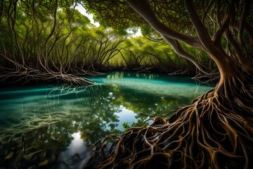 A serene inlet bordered by mangroves, their intricate roots reaching into the clear waters of the...
