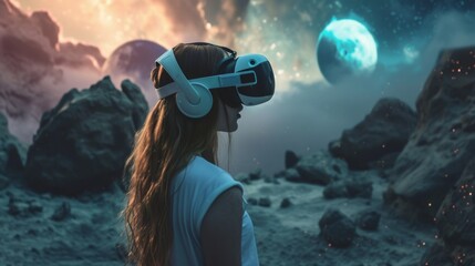 A female is in a virtual fantasy space universe with planet when wearing VR headset.