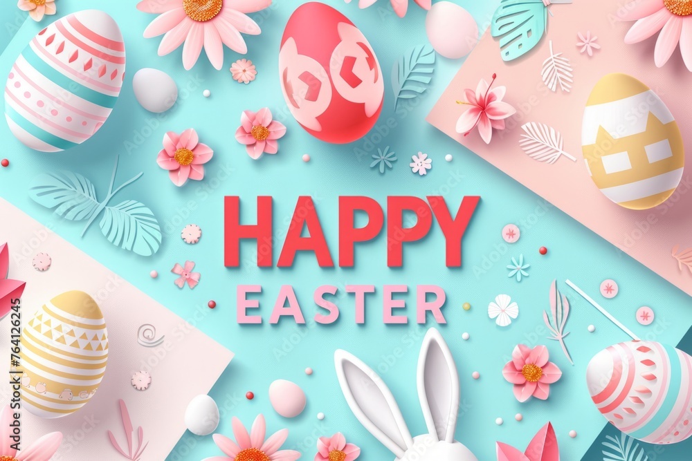 Poster happy easter background with colorful eggs, bunny ears and flowers on a pastel color geometric patte