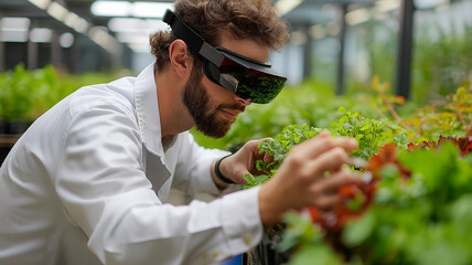 farmer using augmented reality glasses, ar to analyze plants in an indoor garden for sustainable. Represent modern agricultural innovations and modern farming that uses technology for The future