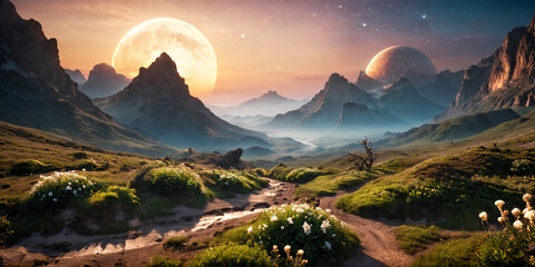 Alien World. Exoplanet with a moon low in the sky. - 764126236
