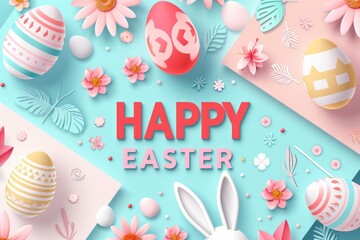 HAPPY EASTER background with colorful eggs, bunny ears and flowers on a pastel color geometric pattern Generative AI