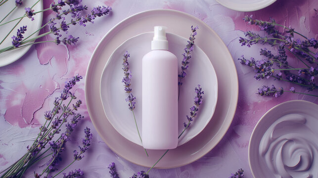Minimalist purple background for product photography with just one object as the highlight, a white bottle of shampoo on top of a podium and lavender flowers in a vase, light is coming