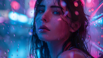 An incredibly lifelike 3D image of a woman with shimmering skin bathed in a deep blue neon glow - obrazy, fototapety, plakaty