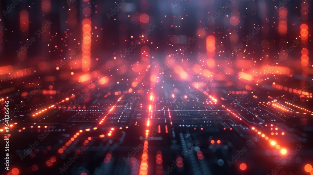 Poster a computer generated image of a cityscape with bright red lights