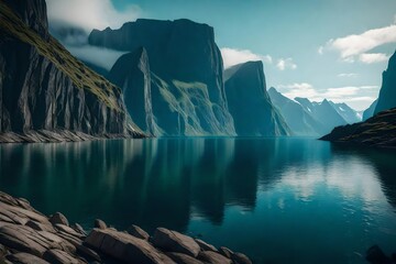 A breathtaking fjord surrounded by towering cliffs, with the calm waters reflecting the dramatic...