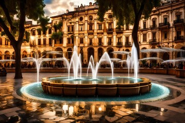 A city square adorned with sparkling fountains and surrounded by historical monuments.