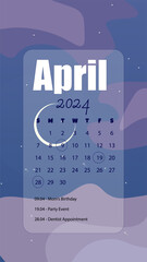 April 2024 Month Calendar On Abstract Phone Wallpaper Instagram Stories Fantasy Landscape Background Moon Stars Falling Purple Pink Vector Design