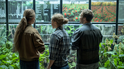 Teenagers studying information about various crops on large screen in agricultural area for education, symbolizing advanced farming technology with agricultural innovations.