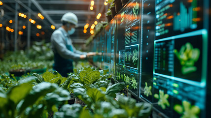  Agricultural worker, farmer monitoring plant health in a high-tech greenhouse, using digital data analysis for modern agricultural innovations and modern farming that uses technology for The future