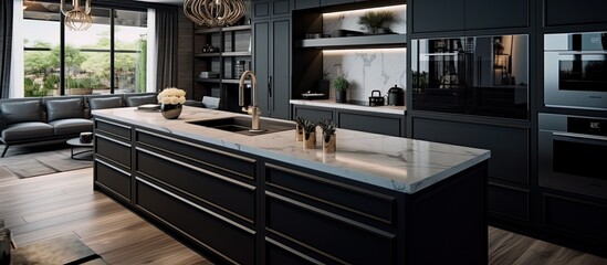 A well-equipped kitchen boasts a spacious island and elegant marble counter, ideal for cooking and entertaining