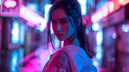 A rear view portrait of a young woman looking over her shoulder in a neon-lit urban environment at night