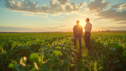 farmers looking out over cultivated fields, symbolizing traditional farming and sustainable agriculture. - obrazy, fototapety, plakaty