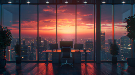 Futuristic modern office space as the sun is setting, Generative AI