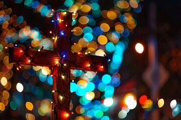 A festive scene with a silhouette of a cross adorned with holiday lights, symbolizing joy and celebration in faith