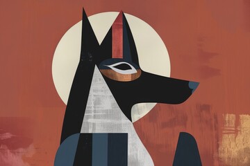 A minimalist, abstract interpretation of Anubis, focusing on shapes, colors, and symbolism, suitable for modern home decor.