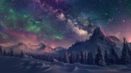 Beauty of the Northern lights and the Milky Way over snow-covered mountainous terrain with coniferous trees during winter. - obrazy, fototapety, plakaty