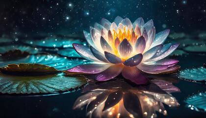 Naklejka na ściany i meble Glowing lotus in water at night. Luminous particles in the air. Beautiful flower. Dark backdrop.