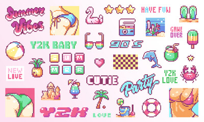 Retro Summer Pixel Collection: 8 bit Beach Party Vibes, Y2K Fashion Icons, Hot Sand, Seductive Dance Swimwear Art, Cute Gamer Prints, Ocean Swimming, Dolphin, Quotes and Stickers in Digital Style.
