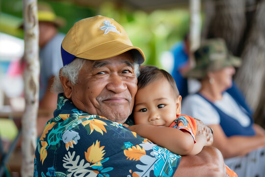 Fototapeta Grandpa in a Hawaiian shirt and baseball cap hugging his grandson close at a family gathering