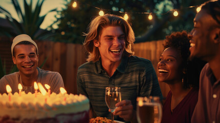 A group of friends celebrate with a birthday cake and candles in a warmly lit evening garden setting.