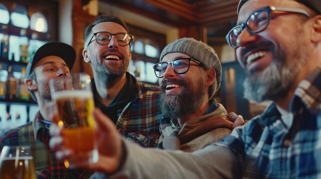 people, men, leisure, friendship and technology concept - happy male friends drinking beer and