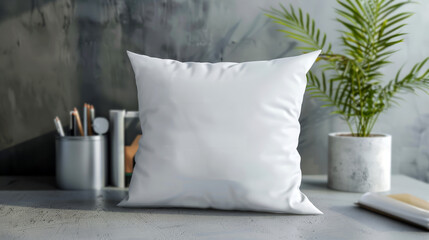 White square pillow on a modern office desk with a green plant and office supplies, neutral background