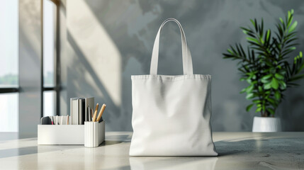 White tote bag on modern office desk with sunlit background, adjacent to a white pen holder and green plant