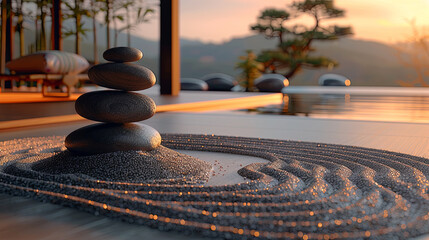 Stacked smooth stones in a zen garden with intricate sand patterns during a tranquil sunset.