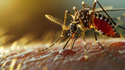 Macro shot of a mosquito feeding on human skin with intricate details visible