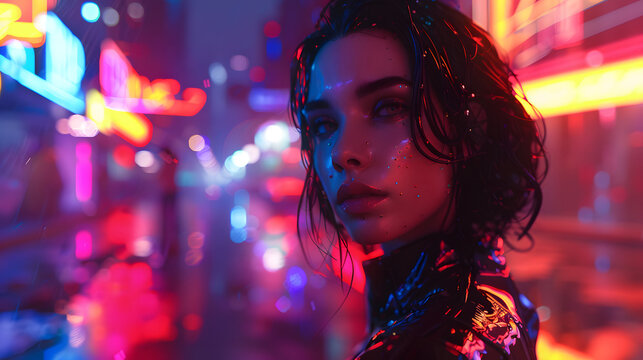 A captivating portrait features a woman with wet hair amidst vibrant neon city lights