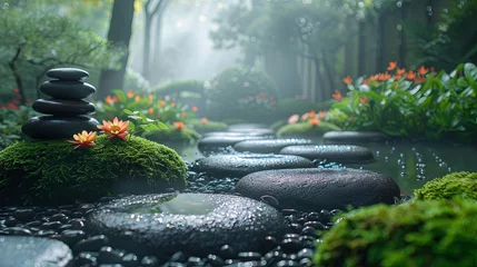 Tuinposter A mystical and tranquil zen garden, featuring stacked stones, vibrant flowers, and a peaceful, foggy atmosphere. © dragonflypor9