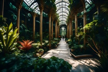 Urban botanical garden flourishing with exotic plants, creating a harmonious blend of nature and architecture. - obrazy, fototapety, plakaty