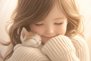 Fototapeta na wymiar Portrait of beautiful little girl holding her cat in hand