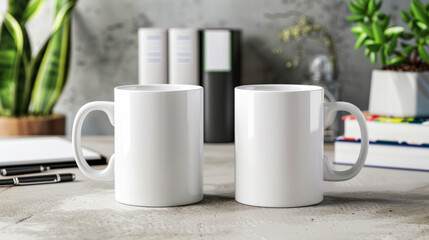 Two Blank White Mugs on a Desk with Office Supplies and Indoor Plants in the Background