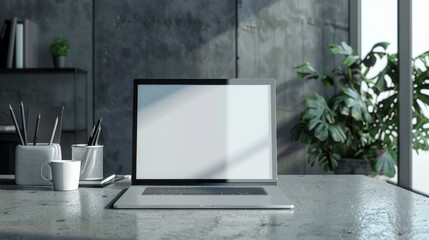 Sleek Silver Laptop Mockup on a Concrete Desk in a Modern Office Environment