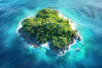Aerial Eden Bird's-Eye View of a Lush Tropical Island Encased in Crystal Blue Waters, Digital Art Rendering - obrazy, fototapety, plakaty