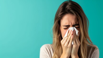 A person sneeze with tissue due to allergy reaction - obrazy, fototapety, plakaty