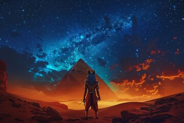 Ancient Egyptian Anubis, god of the afterlife, standing in a desert against a pyramid background under a starry night sky. - obrazy, fototapety, plakaty