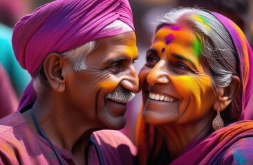 Portrain of smiling happy indian elderly couple with Holi multicolor powder on faces and hair. Holi color festival concept. 
