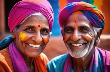 Portrain of smiling happy indian elderly couple with Holi multicolor powder on faces and hair. Holi color festival concept. 