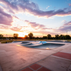 arge outdoor skate park empty at an angle during bright sunset created with Generative Ai