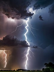Lightning illuminates the sky in brilliant bursts of light in night sky.