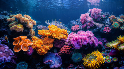Naklejka premium Vivid close-up of coral reef life, showcasing a tapestry of colors and marine creatures
