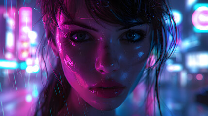 Striking portrait of a girl with a cyberpunk aesthetic and rain overlay in neon environment - obrazy, fototapety, plakaty