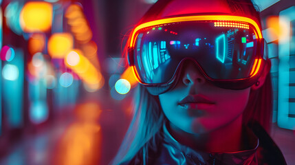 A focused shot of an individual with headphones lost in the immersive world of blurred neon city lights