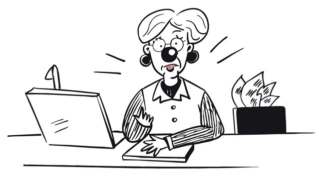 funny-mature-woman-with-clown-nose-in-office