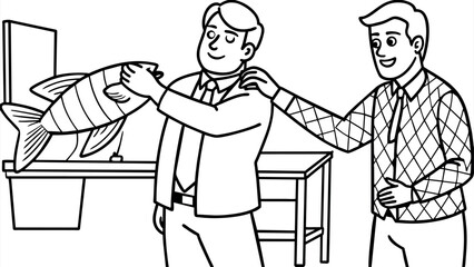 man-sticking-paper-fish-to-colleague-s-back-in-off.